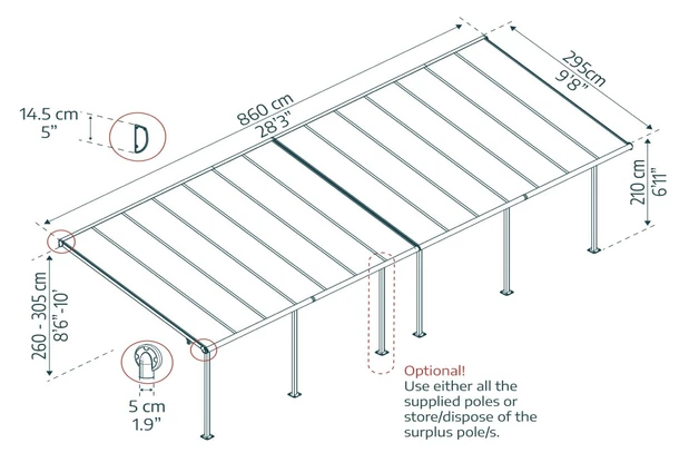 Wymiary produktu Hliníkové zastřešení terasy Sierra Palram - Canopia 3 x 8,5 m šedá - 860x295x260