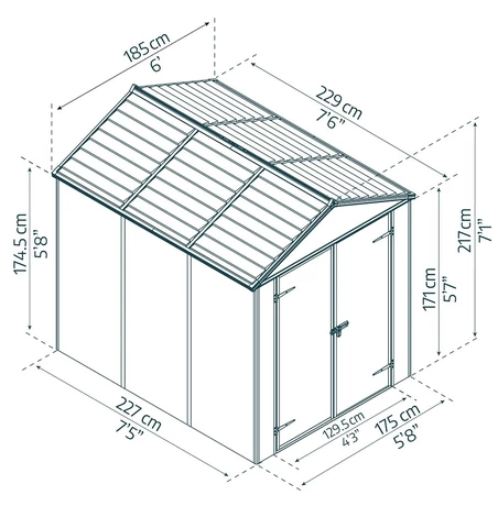 Wymiary produktu Bouda na nářadí Rubicon 6x8 antracit Palram - Canopia - 175x227x217