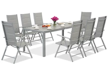 Zahradní nábytek Garden Point ze světle šedého hliníku s velkým stolem Polywood Verona pro 8 osob