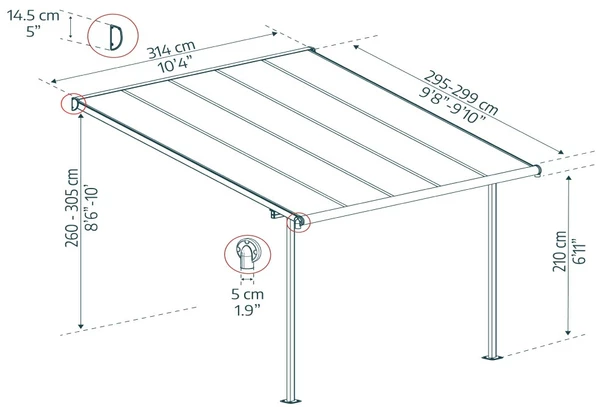 Wymiary produktu Hliníkové zastřešení terasy Sierra Palram - Canopia 3 x 3,05 m bílá - 299x314x260